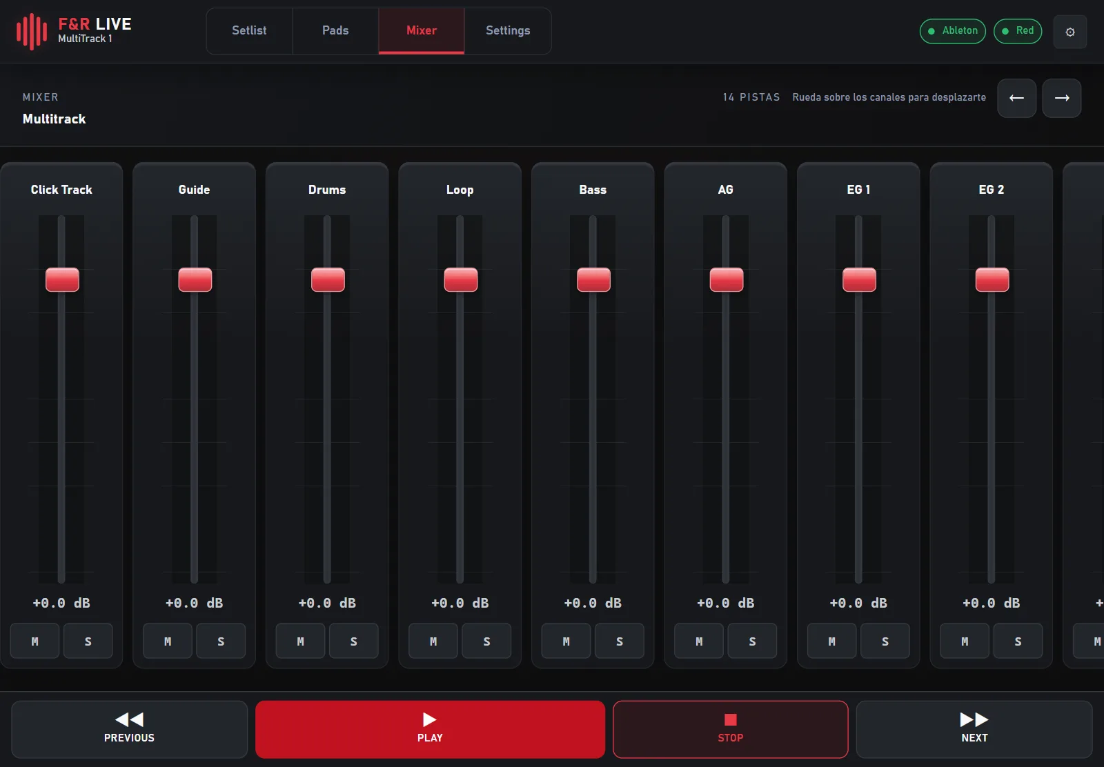F&R Live mixer with faders, mute and solo